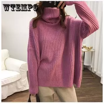 Свободный свитер с воротником и длинными рукавами, женский осенне-зимний вязаный однотонный свитер XXL синий