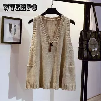 Свободный свитер трапециевидного силуэта, женский жилет, женский пуловер, весенне-осенний жилет с v-образным вырезом, свитер без рукавов, куртка, женский свитер без рукавов XL