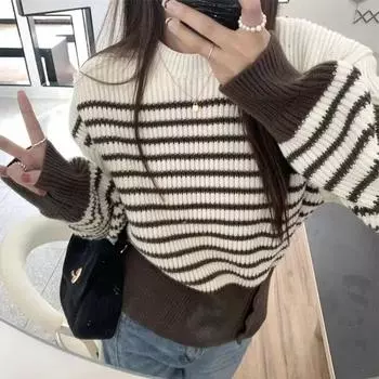 Свободный свитер в полоску в стиле ретро, женский пуловер, осенне-зимний свитер, свитер в западном стиле с круглым вырезом, пуловер, женский топ