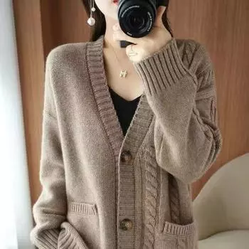Свободный свитер, вязаный кардиган, женский короткий свитер, пальто, осенне-зимний утолщенный свитер с v-образным вырезом, женский кардиган, женский