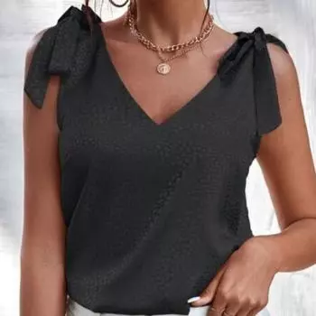 Свободный топ без рукавов с принтом и V-образным вырезом для женщин 2023 года, летний однотонный женский жилет-майка, повседневные рубашки, майки, модная одежда 26273 S чёрный