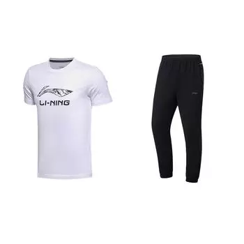 Свободный топ с круглым вырезом и короткими рукавами с принтом логотипа Li Ning, быстросохнущий зауженный книзу длинный повседневный спортивный костюм, костюм унисекс YHST165-1+AYKU835-1 M