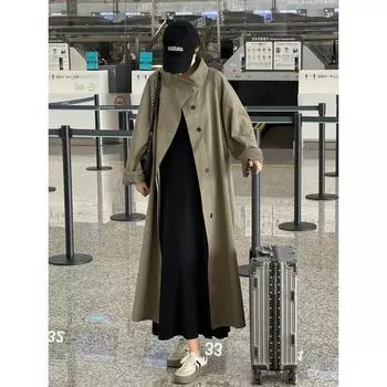 Свободный тренчкот с ленивой драпировкой, женское осеннее маленькое повседневное длинное пальто S армия зеленый