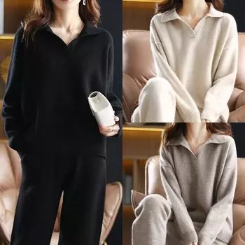 Свободный трикотажный комплект из 2 предметов для женщин, корейский свитер с воротником-поло, пуловер, коньюнтос, высокая талия, длина до щиколотки, шаровары, комплект Onesize серый