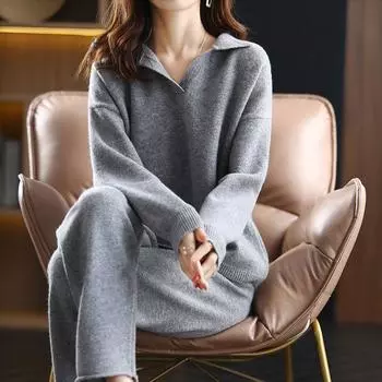 Свободный трикотажный комплект из 2 предметов для женщин, корейский свитер с воротником-поло, пуловер, коньюнтос, высокая талия, длина до щиколотки, шаровары, комплект XL чёрный