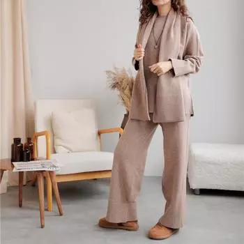 Свободный трикотажный свитер, брюки, комплект с шарфом, женский пуловер с круглым вырезом и длинными рукавами, эластичный широкий комплект брюк, осенне-зимняя женская одежда One Size серый