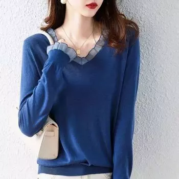 Свободный трикотажный свитер с V-образным вырезом, однотонный топ-пуловер с плетением на осень-зиму L фиолетовый