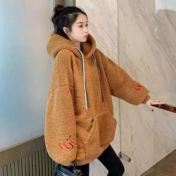 свободный универсальный бархатный свитер с капюшоном из утолщенной овечьей шерсти, женская новая бархатная рубашка с длинными рукавами, студенческая куртка M хаки