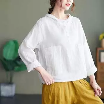 Свободный универсальный повседневный топ, женская рубашка с капюшоном, весенняя пуговица с карманом, простая свободная удобная блузка размера плюс M кофейный