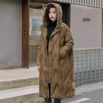 Свободный утолщенный белый утиный пух в стиле ретро, пуховик средней и длинной выше колена, женский, 100 кг, зима S чёрный