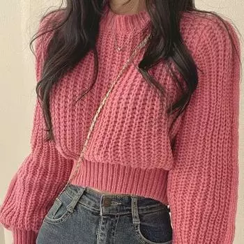 Свободный винтажный женский свитер с фонариком Харадзюку и длинным рукавом, корейский осенне-зимний трикотаж, мягкие теплые топы, шикарный однотонный женский свитер One Size кофейный