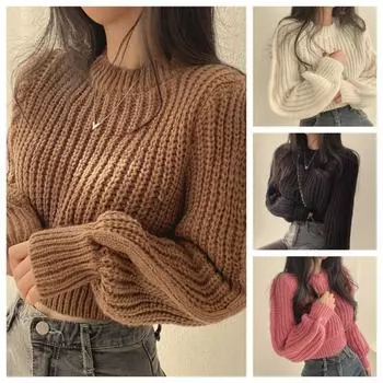 Свободный винтажный женский свитер с фонариком Харадзюку и длинным рукавом, корейский осенне-зимний трикотаж, мягкие теплые топы, шикарный однотонный женский свитер One Size чёрный