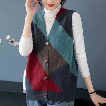 Свободный внешний женский жилет новый персонализированный контрастный цвет V-образный вырез осенний топ женский вязаный свитер высококачественный жилет one size синий
