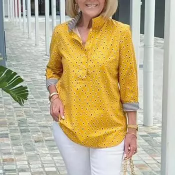 Свободный воротник большого размера с мягким точечным принтом-стойкой, рукав три четверти, дышащая повседневная полосатая пуговица средней длины L жёлтый