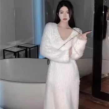 Свободный вязаный длинный свитер, однотонный белый свитер, платье-свитер, осень-зима, трикотажное платье, пуловер, женская ткань y2k, феерия, корейский стиль 00-х, гранж S белый