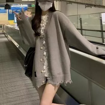 Свободный вязаный кардиган, свитер, пальто для женщин, осень 2023, новый модный бренд, свободный универсальный дизайн, свитер, кардиган, женский топ One Size серый
