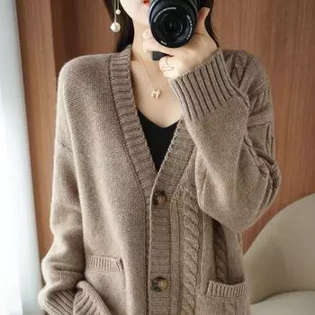 Свободный вязаный кардиган женский короткий свитер пальто осень и зима однотонный повседневный кардиган с длинными рукавами и v-образным вырезом свитер женские топы One Size белый