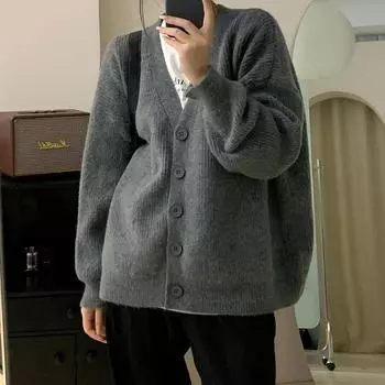 Свободный вязаный кардиган женский осенний ретро ленивый ветер нерегулярный однотонный свитер куртка прилив удобный универсальный и модный One Size тёмно-синий