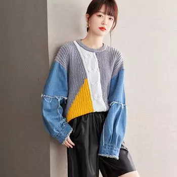 Свободный вязаный свитер с джинсовой пэчворк для женского осенне-зимнего наряда S