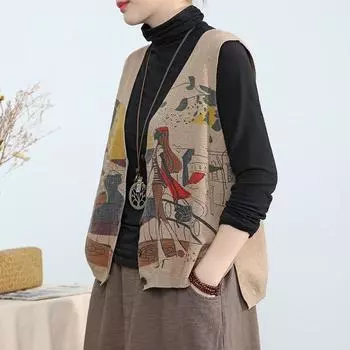 Свободный вязаный жилет с принтом в стиле ретро, женский однобортный кардиган, большой жакет без рукавов, свитер с принтом в стиле Харадзюку, новая мода на осень One Size коричневый