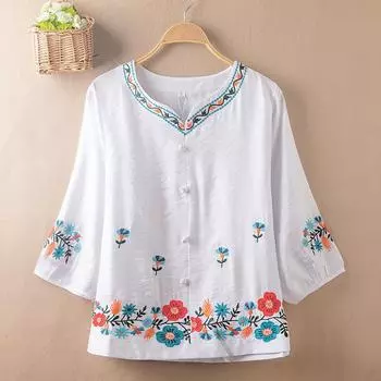Свободный вышитый топ, этнический стиль, женская футболка больших размеров на лето XL белый