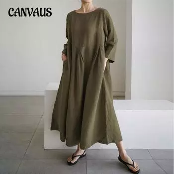 Свободный женский хлопковый льняной пуловер больших размеров с круглым вырезом, однотонное платье длиной до колена, большое свободное платье S бежевый
