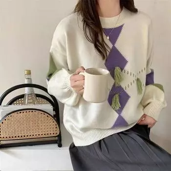 Свободный женский и универсальный вязаный свитер, осенне-зимний свитер с круглым вырезом и длинными рукавами, пуловер, женские топы One Size белый