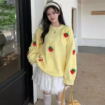 Свободный женский свитер клубничной вязки больших размеров на осень/зиму L белый