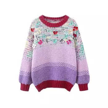 Свободный женский свитер ручной вязки с пайетками и цветами, осень-зима, новый джемпер с V-образным вырезом в полоску, топ C-263 One size фиолетовый