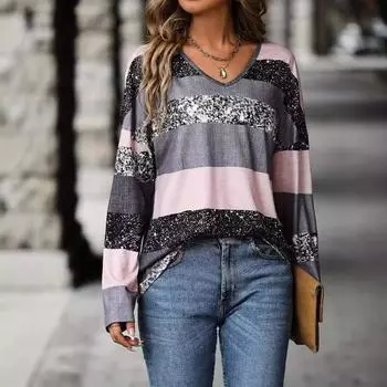 Свободный женский топ с длинным рукавом и V-образным вырезом на весну и осень S светло-серый