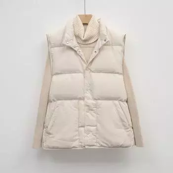 Свободный жилет из белого утиного пуха, простой корейский вариант, без рукавов, с воротником-стойкой, новый женский пуховый жилет One size бежевый