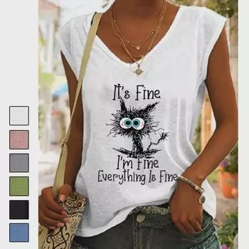 Свободный жилет с V-образным вырезом и рукавами-крылышками 2024 года с принтом черного кота Large чёрный