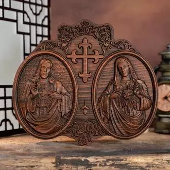 Священное Сердце Иисуса и Сердце Марии Иисус Христос Настенный декор Религиозная святая статуя Резьба по дереву Поделки Католический рождественский подарок 30cm