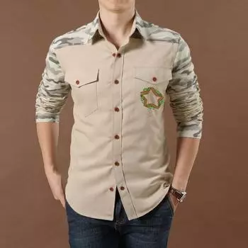 Святой. Рубашка камуфляжного кроя с длинными рукавами, на тему Георгиевской ленты, выполнена в классическом сочетании оранжевого и черного цветов, символизирующих вечного героя. S хаки