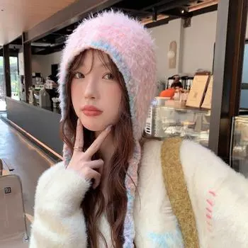 Связанная вручную разноцветная шерстяная плюшевая шапка с ремешками, женская зимняя теплая универсальная защита ушей головной убор M (56-58cm) Long Hair Braid