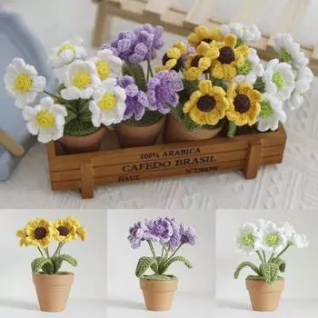 Связанные вручную крючком ромашки бонсай цветы ручной работы в горшках искусственные вязаные вручную украшения поделки для автомобиля офисный стол домашний декор