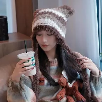 Связанный вручную дизайн Sense, модная шапка Dopamine, пушистая полоска, милые и симпатичные кошачьи ушки (Паровой хлеб в форме кошачьих ушек) Шляпа one size