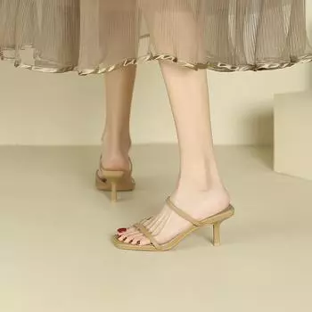 SXV одно слово высокие каблуки тапочки женские и женские летние новые квадратные носы тонкие каблуки классные тапочки сандалии с зауженным носком женские 34 хаки