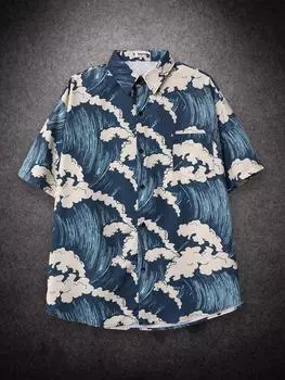 Sycpman большие мужские рубашки с короткими рукавами, летние свободные повседневные кардиганы с креативным принтом, уличная одежда, японская мужская одежда L синий