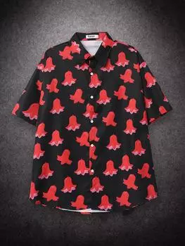 Sycpman в гонконгском стиле, винтажная рубашка с короткими рукавами и цветочным принтом в стиле хип-хоп, летние пляжные рубашки L чёрный