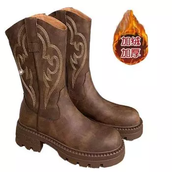 SyfIyno Deep brown Light brown Plus Plush Leather Western Mid Calf Boots Embroider Women Autumn Winter Ankle Boots Ladies Boots 35