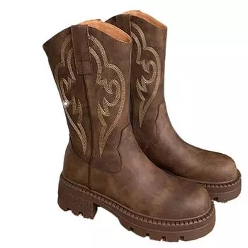 SyfIyno Deep brown Light brown Plus Plush Leather Western Mid Calf Boots Embroider Women Autumn Winter Ankle Boots Ladies Boots 35