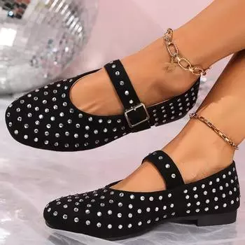 SyfIyno Designer Shoes Water Diamond Rivet Mary Jane Ballet Shoe Women Flat and Comfortable Ballet Shoes for Women Lolita Shoes 35 чёрный