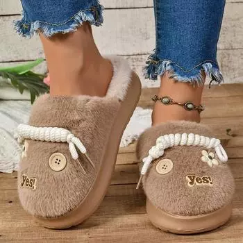SyfIyno Luxury Plush Spring Autumn Slippers Casual Flat Shoes Female Flock Winter Slipers Women Fur Flip Flops Slides 36-37 чёрный
