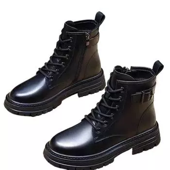 SyfIyno PU Leather Ankle Boots Women Autumn Winter Round Toe Lace Up Zipper Shoes Woman Fashion Motorcycle Warm Cotton Botas 35