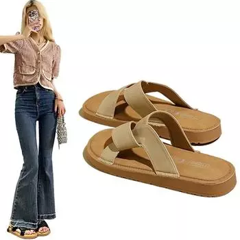 SyfIyno Summer Sandals Women s Fashion Outwear High End Soft Leather Versatile Flat Bottom Sandals New Beach Slippers 35 бежевый