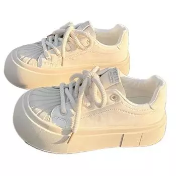 SyfIyno Толстая подошва ракушка голова прогулочные туфли на плоской подошве кроссовки женские 2024 повседневные вулканизированные туфли белые студенческие туфли 40 размер 35 бежевый