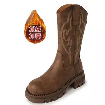 SyfIyno Women Flats Mid Calf Chelsea Boots Winter Add plush Boots 2024 spring autumn Goth Boots Deep brown Zapatos Mujer 35