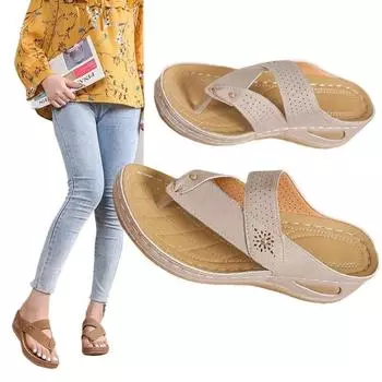 SyfIyno Women Wedge Retro Clip Toe Platform Slippers Woman Summer Non Slip Flip Flops Female Outdoor Beach Slippers Plus Size 42 36 бежевый