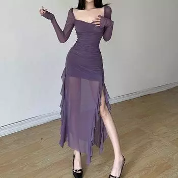 Sylcue Зимняя вечеринка Queen Фиолетовое сексуальное красивое уверенное элегантное женское полупрозрачное тонкое прямое платье для взрослых S чёрный